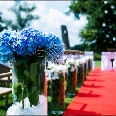 Niebieskie hortensje i białe eustomy w szklanych tubach