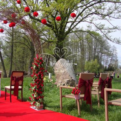 Czerwone papierowe pompony kwiatowe na drzewie